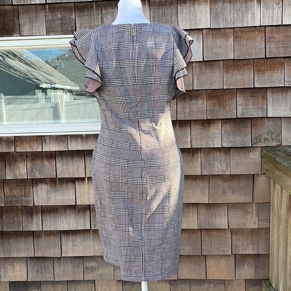 Tommy Hilfiger Glen Plaid Flutter Sleeve Sheath Dress. Black & White w/Burgundy - Picture 7 of 8